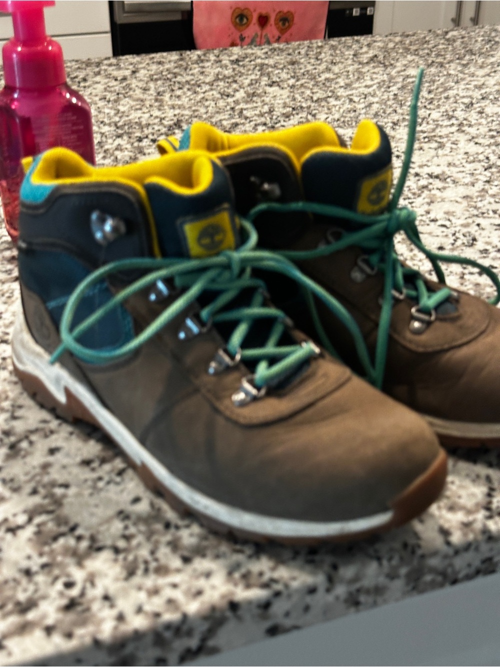 Timberland Brown Boots with Yellow Collar and Teal Laces